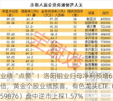 业绩“点赞”！洛阳钼业归母净利预增6-7倍，黄金个股业绩预喜，有色龙头ETF（159876）盘中逆市上探1.57%