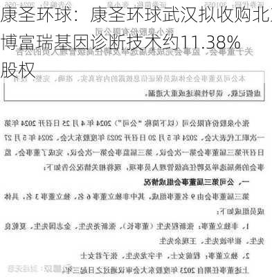 康圣环球：康圣环球武汉拟收购北京博富瑞基因诊断技术约11.38%股权