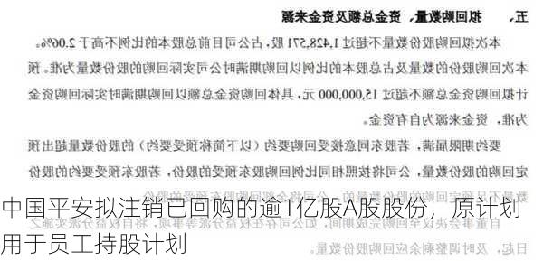 中国平安拟注销已回购的逾1亿股A股股份，原计划用于员工持股计划