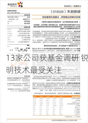 13家公司获基金调研 锐明技术最受关注