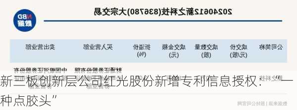 新三板创新层公司红光股份新增专利信息授权：“一种点胶头”