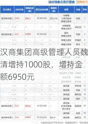 汉商集团高级管理人员魏泽清增持1000股，增持金额6950元