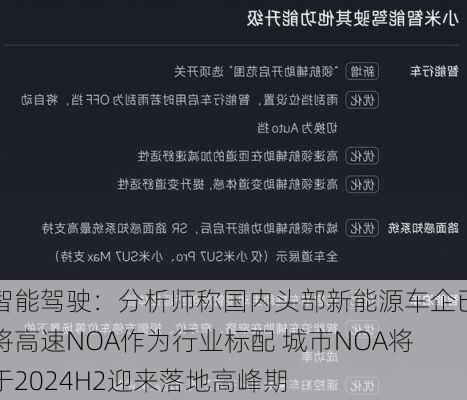 智能驾驶：分析师称国内头部新能源车企已将高速NOA作为行业标配 城市NOA将于2024H2迎来落地高峰期