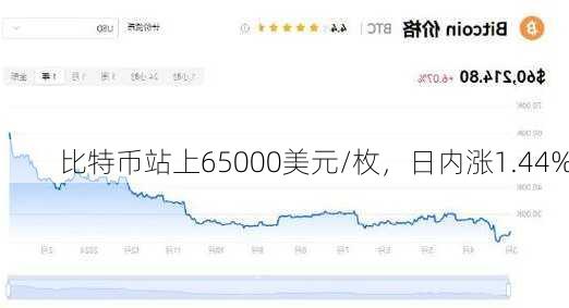 比特币站上65000美元/枚，日内涨1.44%