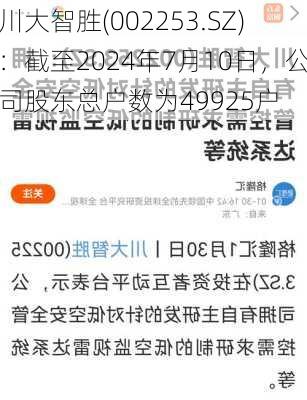 川大智胜(002253.SZ)：截至2024年7月10日，公司股东总户数为49925户