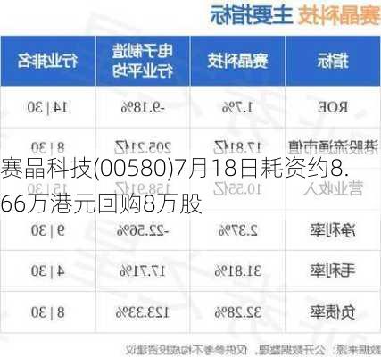 赛晶科技(00580)7月18日耗资约8.66万港元回购8万股