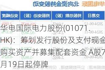 华电国际电力股份(01071.HK)：筹划发行股份及支付现金购买资产并募集配套资金 A股7月19日起停牌