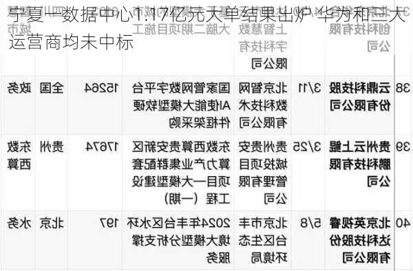 宁夏一数据中心1.17亿元大单结果出炉 华为和三大运营商均未中标