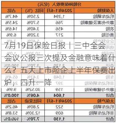 7月19日保险日报丨三中全会会议公报三次提及金融意味着什么？五大上市险企上半年保费出炉，四升一降