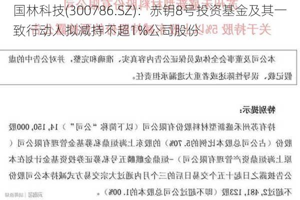 国林科技(300786.SZ)：赤钥8号投资基金及其一致行动人拟减持不超1%公司股份