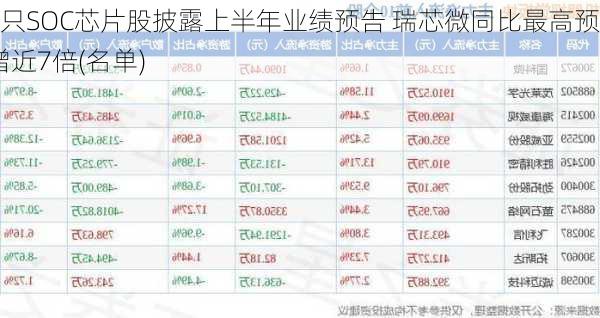 7只SOC芯片股披露上半年业绩预告 瑞芯微同比最高预增近7倍(名单)