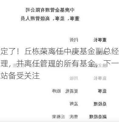 定了！丘栋荣离任中庚基金副总经理，并离任管理的所有基金，下一站备受关注