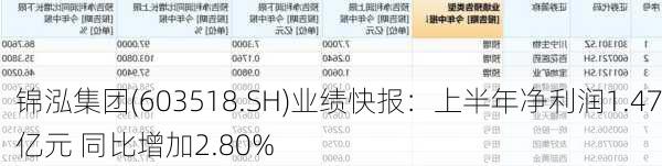 锦泓集团(603518.SH)业绩快报：上半年净利润1.47亿元 同比增加2.80%