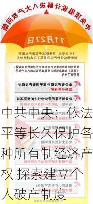 中共中央：依法平等长久保护各种所有制经济产权 探索建立个人破产制度