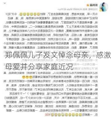 郑佩佩儿子发文悼念母亲，感激母爱并分享家庭近况