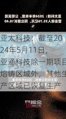 亚太科技：截至2024年5月11日，亚通科技除一期项目熔铸区域外，其他生产区域已恢复生产