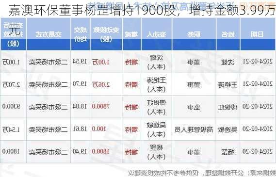 嘉澳环保董事杨罡增持1900股，增持金额3.99万元