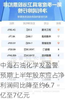 中海石油化学发盈警 预期上半年股东应占净利润同比降至约6.7亿至7亿元