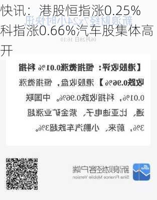 快讯：港股恒指涨0.25% 科指涨0.66%汽车股集体高开