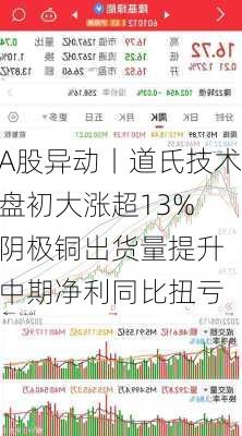 A股异动丨道氏技术盘初大涨超13% 阴极铜出货量提升 中期净利同比扭亏