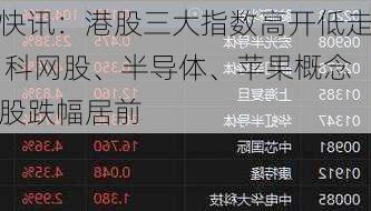 快讯：港股三大指数高开低走 科网股、半导体、苹果概念股跌幅居前