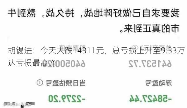 胡锡进：今天大跌14311元，总亏损上升至9.33万 达亏损最高峰