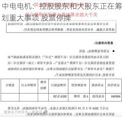 中电电机：控股股东和大股东正在筹划重大事项 股票停牌