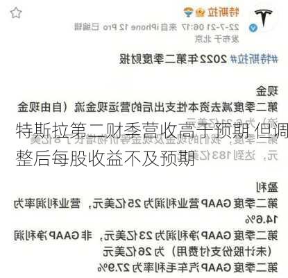 特斯拉第二财季营收高于预期 但调整后每股收益不及预期