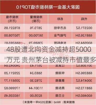 48股遭北向资金减持超5000万元 贵州茅台被减持市值最多