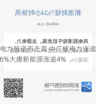 电力股逆市走高 中广核电力涨逾6%大唐新能源涨逾4%