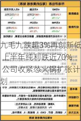 九毛九跌超3%再创新低 上半年纯利跌近70% 公司收紧怂火锅扩张计划