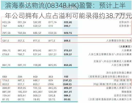 滨海泰达物流(08348.HK)盈警：预计上半年公司拥有人应占溢利可能录得约38.7万元