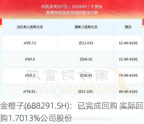 金橙子(688291.SH)：已完成回购 实际回购1.7013%公司股份