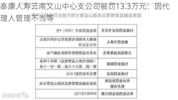 泰康人寿云南文山中心支公司被罚13.3万元：因代理人管理不当等