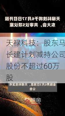 天禄科技：股东马长建计划减持公司股份不超过60万股