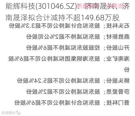 能辉科技(301046.SZ)：济南晟兴、济南晟泽拟合计减持不超149.68万股