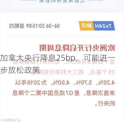 加拿大央行降息25bp，可能进一步放松政策