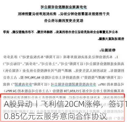 A股异动丨飞利信20CM涨停，签订10.85亿元云服务意向合作协议