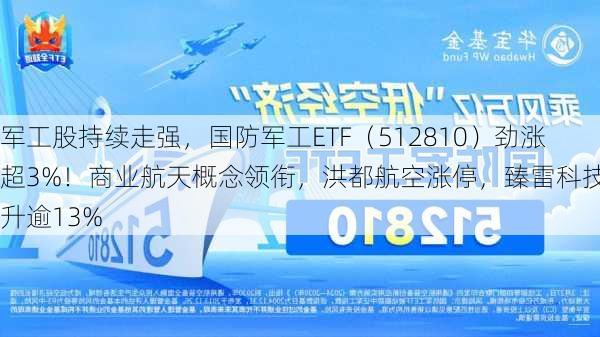 军工股持续走强，国防军工ETF（512810）劲涨超3%！商业航天概念领衔，洪都航空涨停，臻雷科技飙升逾13%