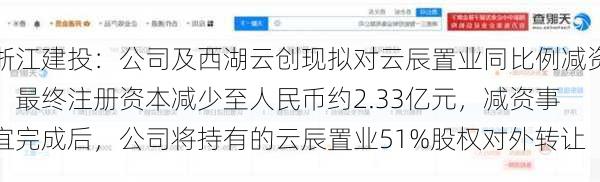 浙江建投：公司及西湖云创现拟对云辰置业同比例减资，最终注册资本减少至人民币约2.33亿元，减资事宜完成后，公司将持有的云辰置业51%股权对外转让