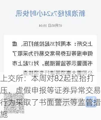 上交所：本周对82起拉抬打压、虚假申报等证券异常交易行为采取了书面警示等监管措施