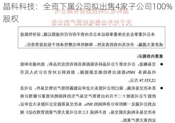 晶科科技：全资下属公司拟出售4家子公司100%股权