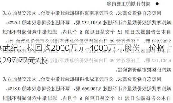 寒武纪：拟回购2000万元-4000万元股份，价格上限297.77元/股