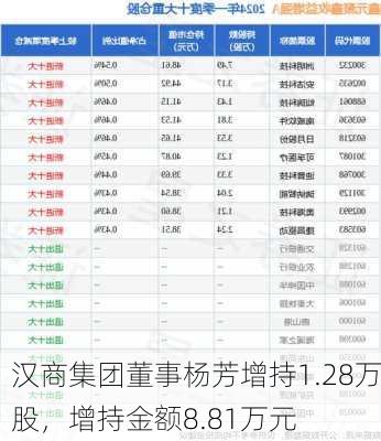 汉商集团董事杨芳增持1.28万股，增持金额8.81万元