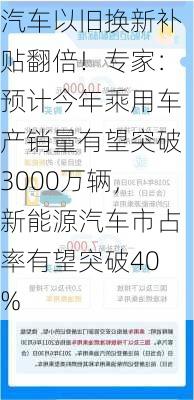 汽车以旧换新补贴翻倍！专家：预计今年乘用车产销量有望突破3000万辆，新能源汽车市占率有望突破40%