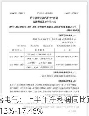 中熔电气：上半年净利润同比预增11.13%-17.46%