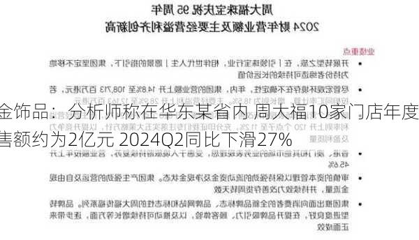 黄金饰品：分析师称在华东某省内 周大福10家门店年度销售额约为2亿元 2024Q2同比下滑27%