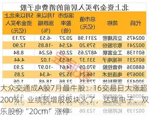 大众交通成A股7月最牛股：16交易日大涨超200%！业绩预增股板块火了，达瑞电子、双乐股份“20cm”涨停