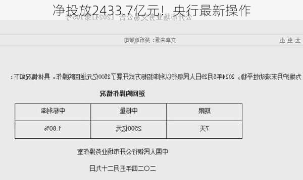 净投放2433.7亿元！央行最新操作