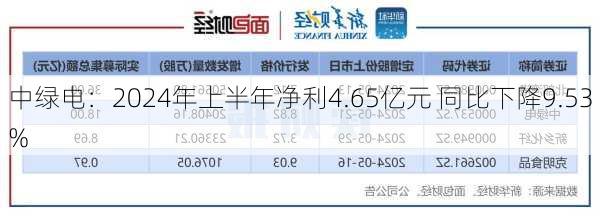 中绿电：2024年上半年净利4.65亿元 同比下降9.53%